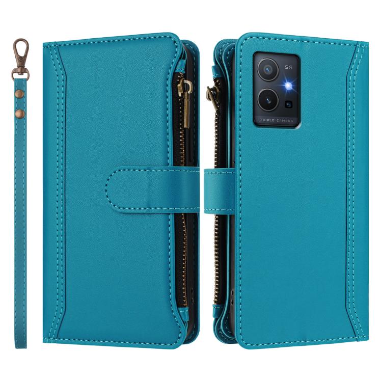 For vivo Y55S 2023 5G / Y55 5G Global Magnetic Closure 9 Card Slots Zipper Leather Case with Hand Strap