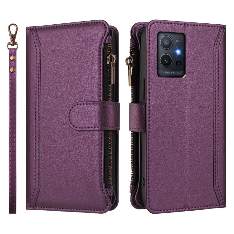 For vivo Y55S 2023 5G / Y55 5G Global Magnetic Closure 9 Card Slots Zipper Leather Case with Hand Strap