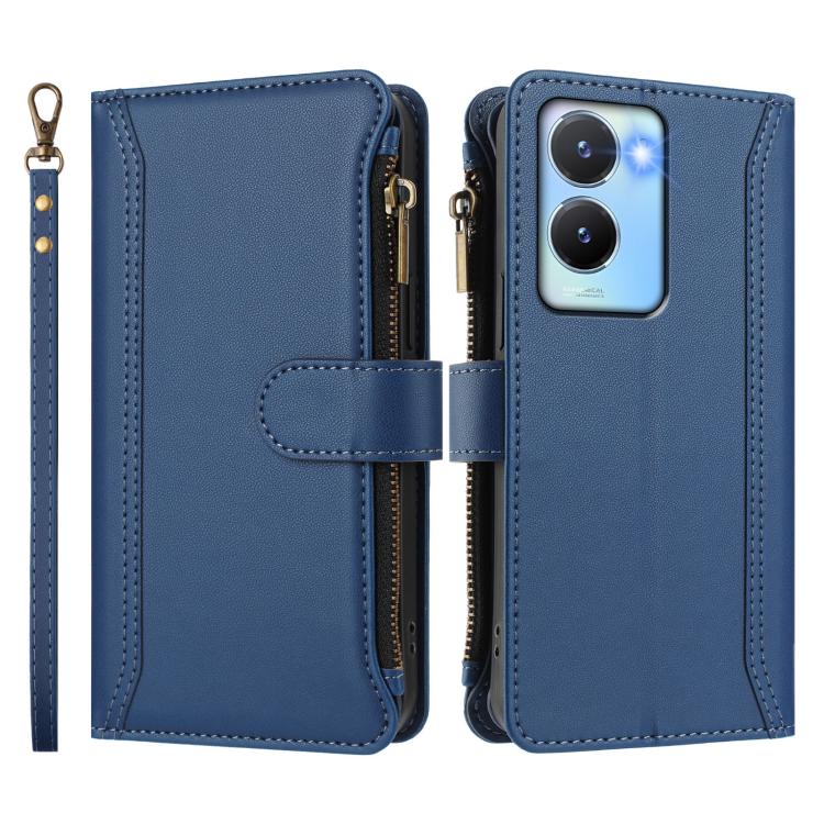 For vivo Y56 5G Global / Y16 4G Global Magnetic Closure 9 Card Slots Zipper Leather Case with Hand Strap