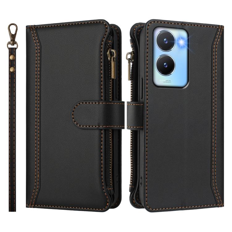 For vivo Y56 5G Global / Y16 4G Global Magnetic Closure 9 Card Slots Zipper Leather Case with Hand Strap