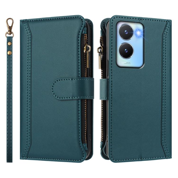 For vivo Y56 5G Global / Y16 4G Global Magnetic Closure 9 Card Slots Zipper Leather Case with Hand Strap