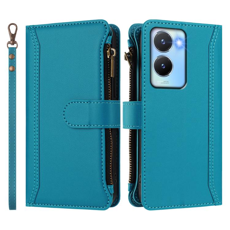 For vivo Y56 5G Global / Y16 4G Global Magnetic Closure 9 Card Slots Zipper Leather Case with Hand Strap
