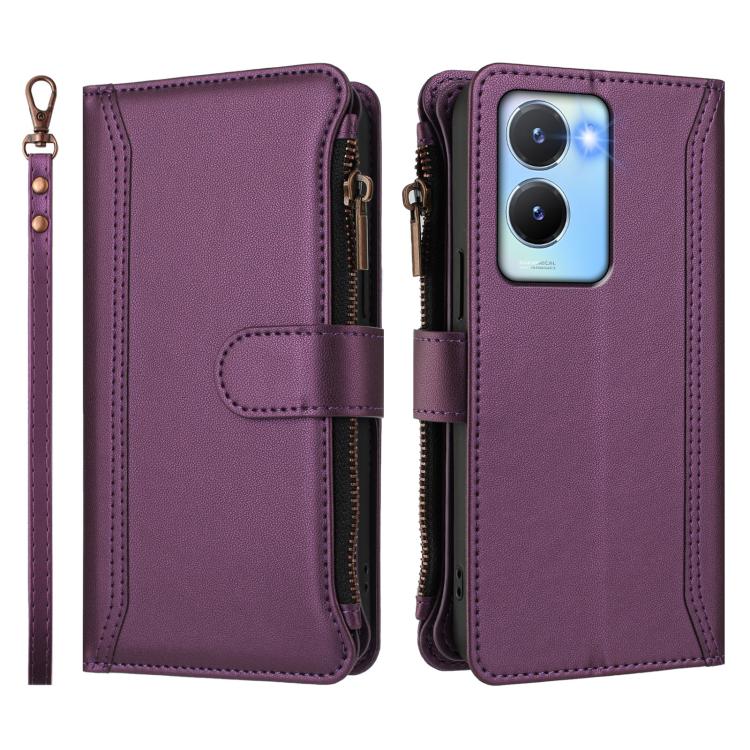 For vivo Y56 5G Global / Y16 4G Global Magnetic Closure 9 Card Slots Zipper Leather Case with Hand Strap
