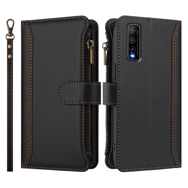 For vivo Y70S Magnetic Closure 9 Card Slots Zipper Leather Case with Hand Strap