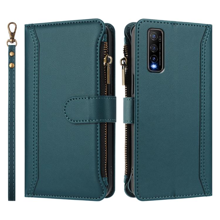 For vivo Y70S Magnetic Closure 9 Card Slots Zipper Leather Case with Hand Strap