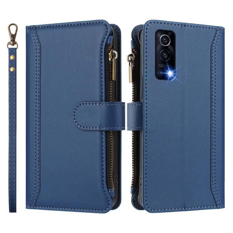 For vivo Y72 5G / iQOO Z3 / Y52 5G Magnetic Closure 9 Card Slots Zipper Leather Case with Hand Strap