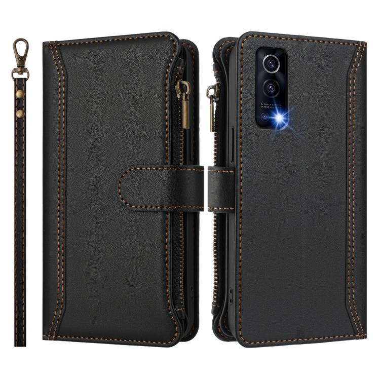 For vivo Y72 5G / iQOO Z3 / Y52 5G Magnetic Closure 9 Card Slots Zipper Leather Case with Hand Strap