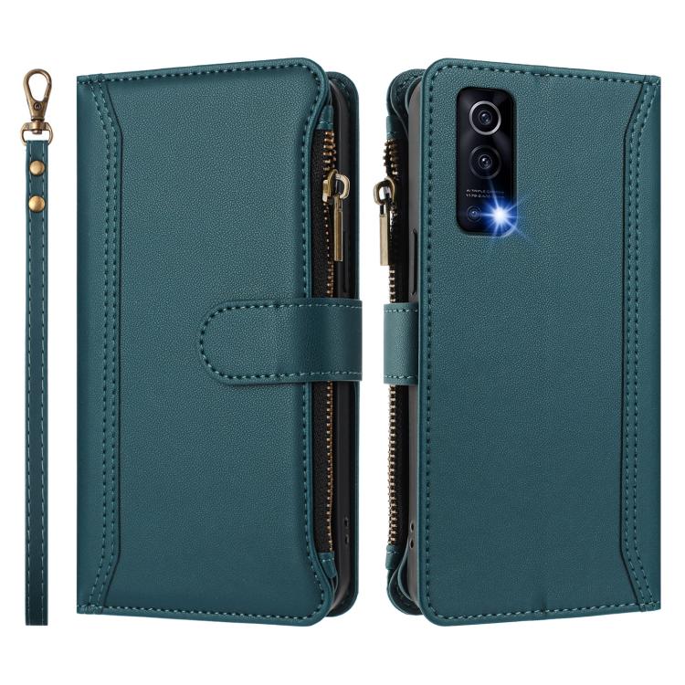 For vivo Y72 5G / iQOO Z3 / Y52 5G Magnetic Closure 9 Card Slots Zipper Leather Case with Hand Strap