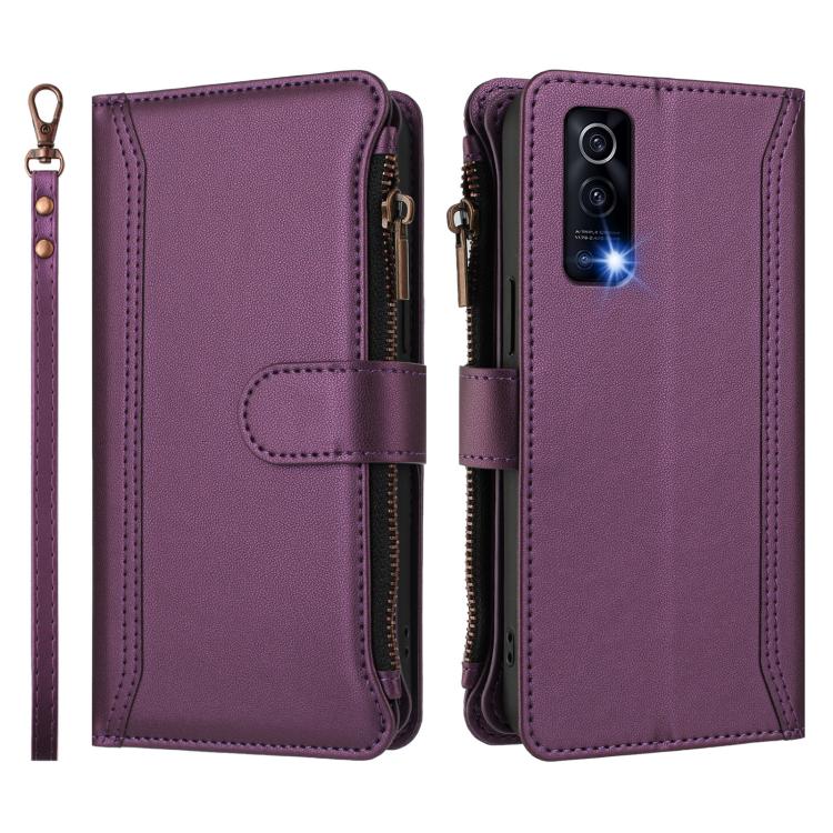 For vivo Y72 5G / iQOO Z3 / Y52 5G Magnetic Closure 9 Card Slots Zipper Leather Case with Hand Strap