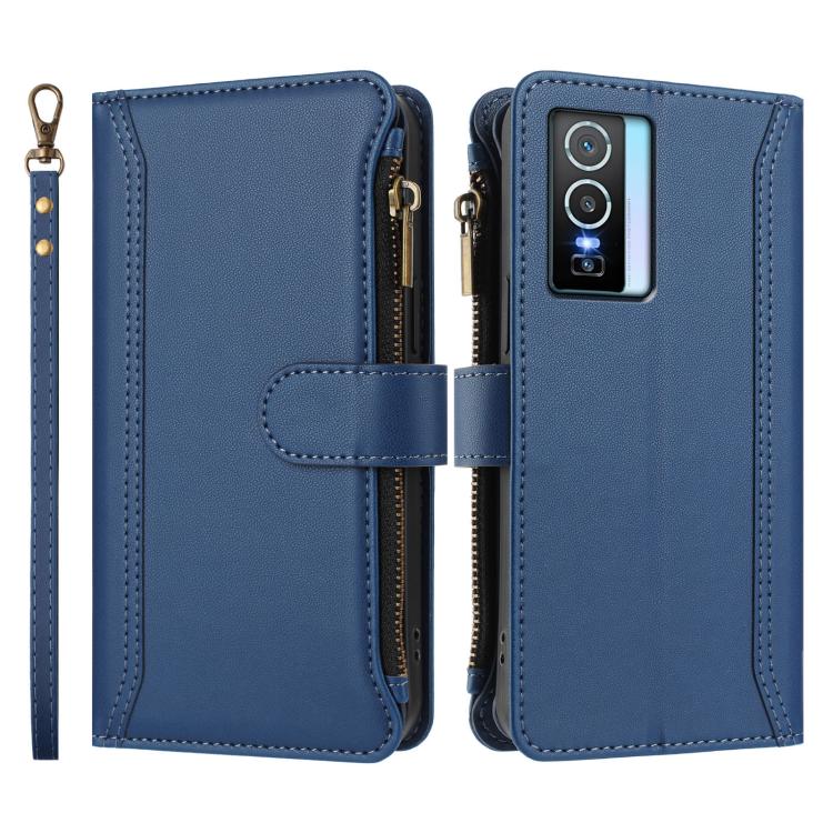 For vivo Y76 5G Magnetic Closure 9 Card Slots Zipper Leather Case with Hand Strap