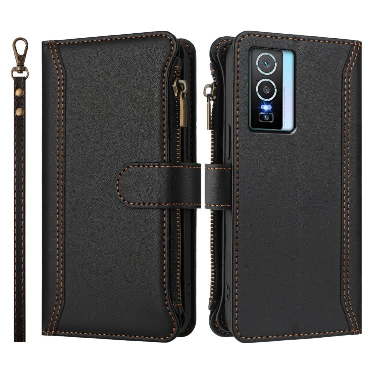 For vivo Y76 5G Magnetic Closure 9 Card Slots Zipper Leather Case with Hand Strap