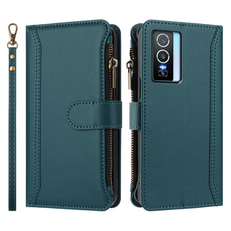 For vivo Y76 5G Magnetic Closure 9 Card Slots Zipper Leather Case with Hand Strap