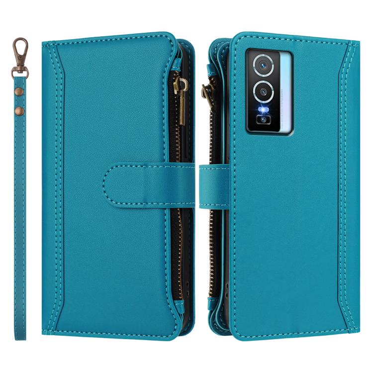 For vivo Y76 5G Magnetic Closure 9 Card Slots Zipper Leather Case with Hand Strap