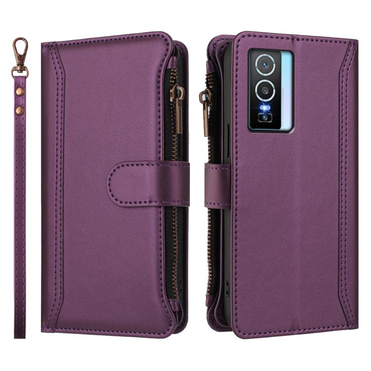 For vivo Y76 5G Magnetic Closure 9 Card Slots Zipper Leather Case with Hand Strap