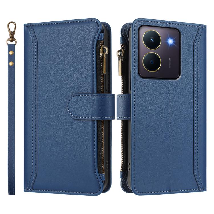 For vivo Y36 4G Global / Y27S 4G Global Magnetic Closure 9 Card Slots Zipper Leather Case with Hand Strap