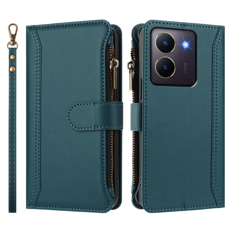 For vivo Y36 4G Global / Y27S 4G Global Magnetic Closure 9 Card Slots Zipper Leather Case with Hand Strap