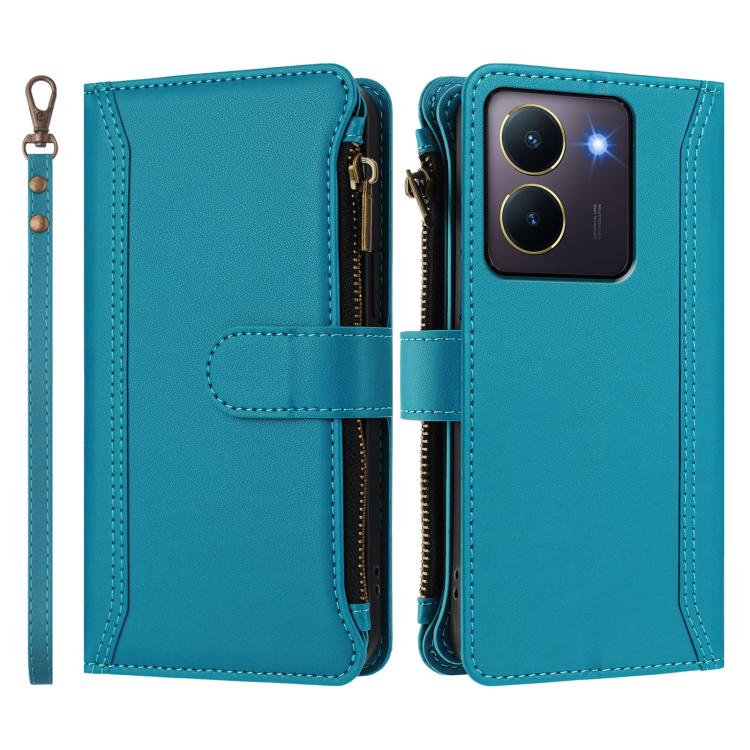 For vivo Y36 4G Global / Y27S 4G Global Magnetic Closure 9 Card Slots Zipper Leather Case with Hand Strap