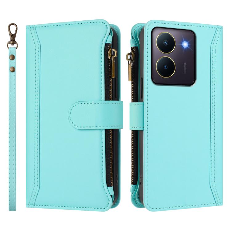 For vivo Y36 4G Global / Y27S 4G Global Magnetic Closure 9 Card Slots Zipper Leather Case with Hand Strap
