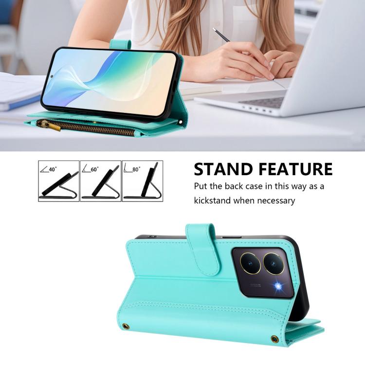 For vivo Y36 4G Global / Y27S 4G Global Magnetic Closure 9 Card Slots Zipper Leather Case with Hand Strap