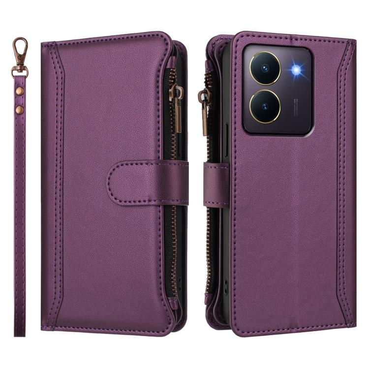 For vivo Y36 4G Global / Y27S 4G Global Magnetic Closure 9 Card Slots Zipper Leather Case with Hand Strap