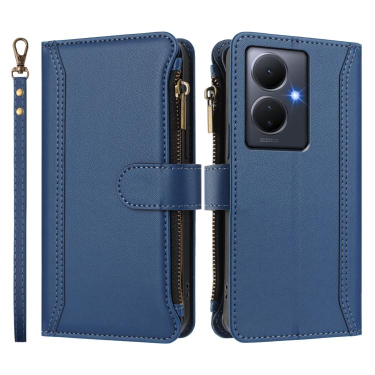 For vivo Y78+ 5G Global / V29 Lite Magnetic Closure 9 Card Slots Zipper Leather Case with Hand Strap