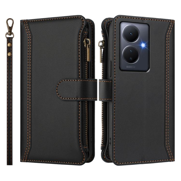 For vivo Y78+ 5G Global / V29 Lite Magnetic Closure 9 Card Slots Zipper Leather Case with Hand Strap