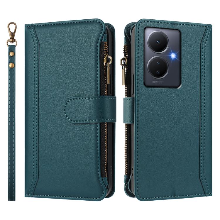 For vivo Y78+ 5G Global / V29 Lite Magnetic Closure 9 Card Slots Zipper Leather Case with Hand Strap