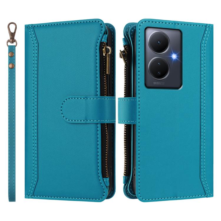 For vivo Y78+ 5G Global / V29 Lite Magnetic Closure 9 Card Slots Zipper Leather Case with Hand Strap