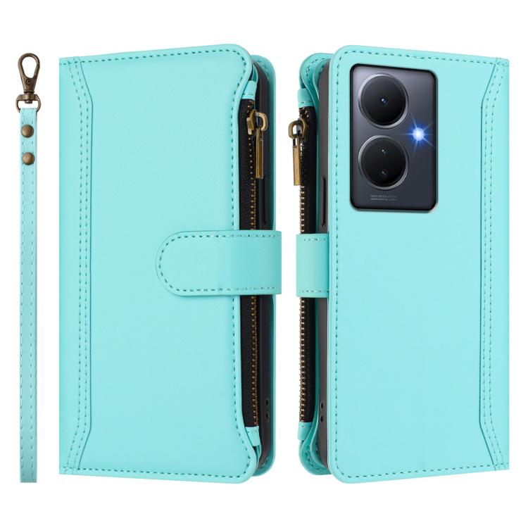 For vivo Y78+ 5G Global / V29 Lite Magnetic Closure 9 Card Slots Zipper Leather Case with Hand Strap