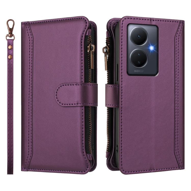For vivo Y78+ 5G Global / V29 Lite Magnetic Closure 9 Card Slots Zipper Leather Case with Hand Strap