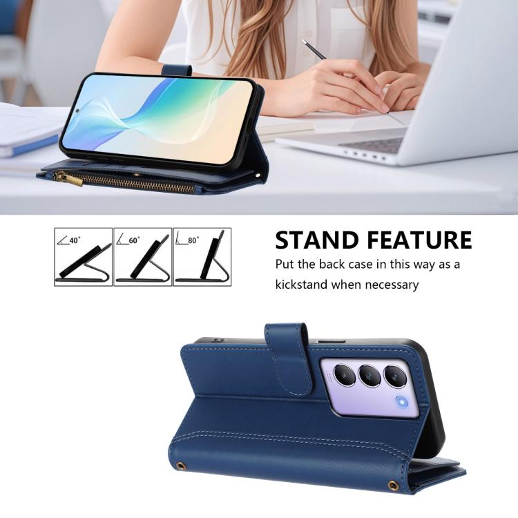 For vivo Y200E 5G Global / V40 SE 5G Magnetic Closure 9 Card Slots Zipper Leather Case with Hand Strap