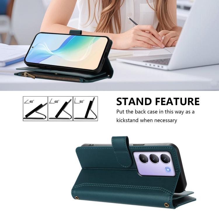 For vivo Y200E 5G Global / V40 SE 5G Magnetic Closure 9 Card Slots Zipper Leather Case with Hand Strap
