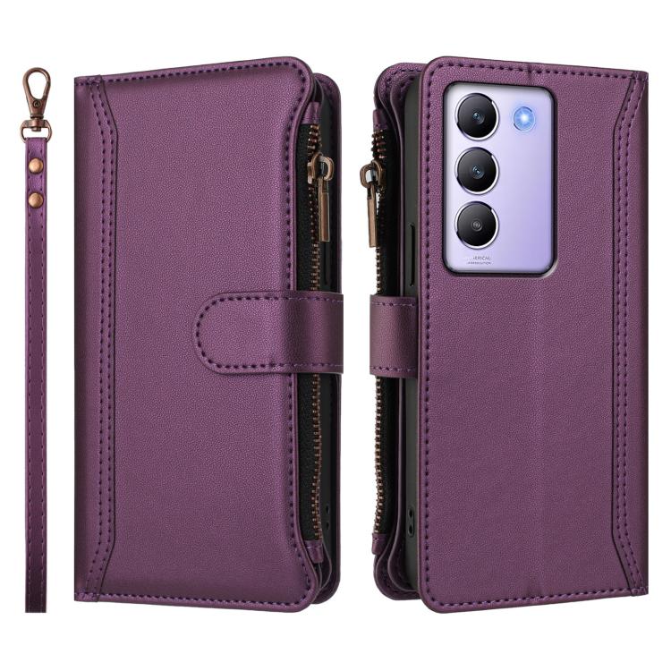 For vivo Y200E 5G Global / V40 SE 5G Magnetic Closure 9 Card Slots Zipper Leather Case with Hand Strap