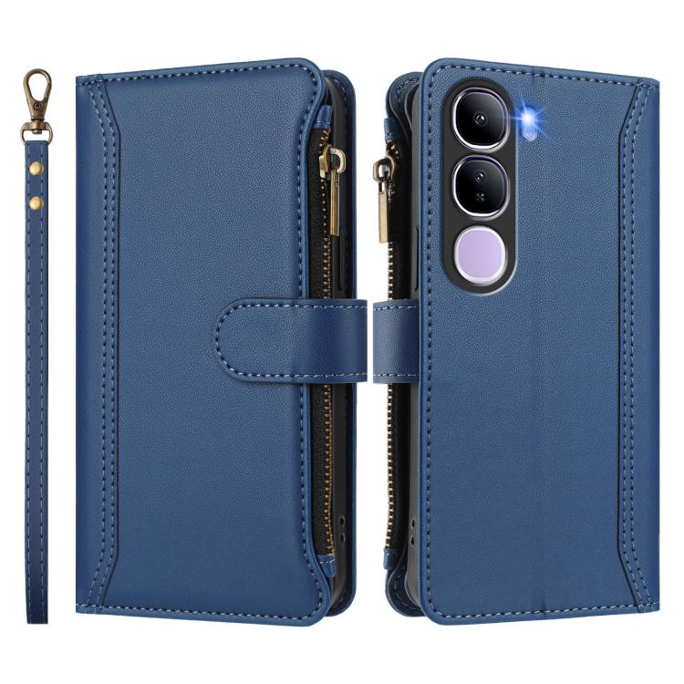 For vivo Y300 5G Global Magnetic Closure 9 Card Slots Zipper Leather Case with Hand Strap