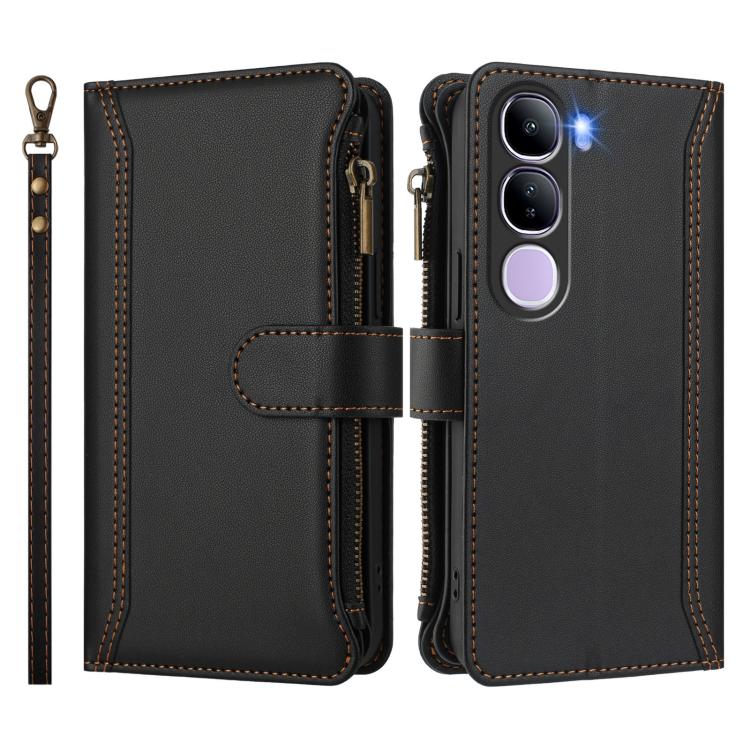 For vivo Y300 5G Global Magnetic Closure 9 Card Slots Zipper Leather Case with Hand Strap