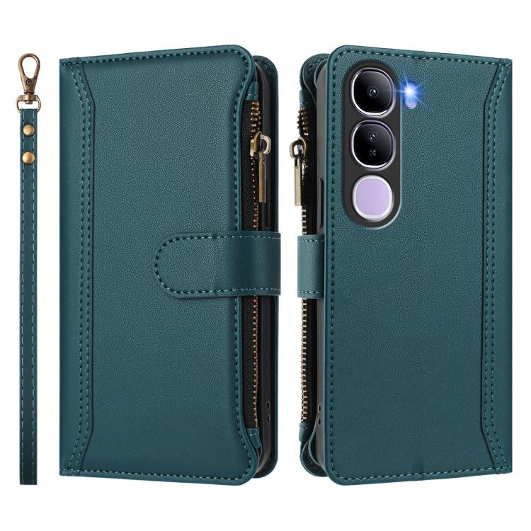 For vivo Y300 5G Global Magnetic Closure 9 Card Slots Zipper Leather Case with Hand Strap
