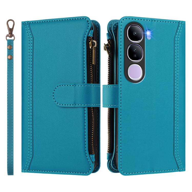 For vivo Y300 5G Global Magnetic Closure 9 Card Slots Zipper Leather Case with Hand Strap
