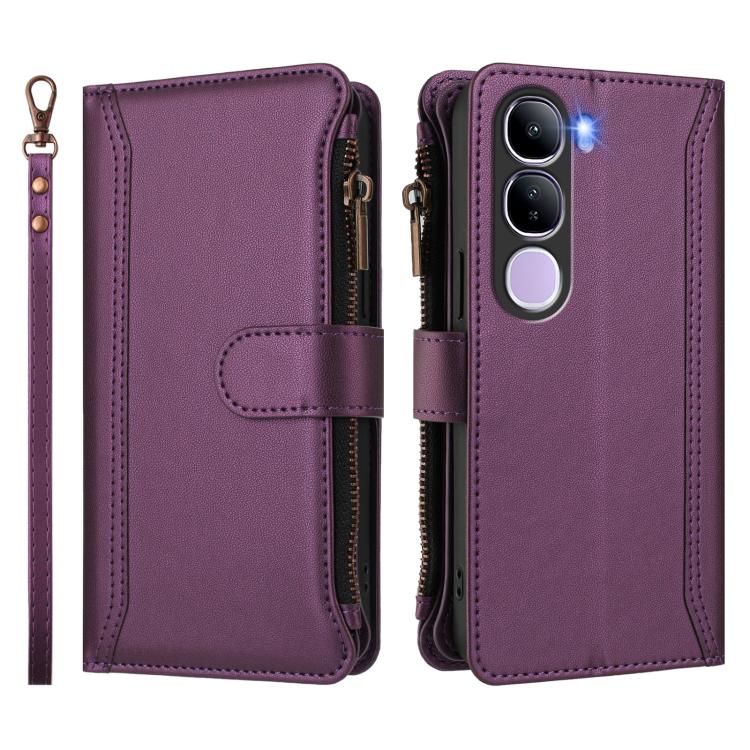 For vivo Y300 5G Global Magnetic Closure 9 Card Slots Zipper Leather Case with Hand Strap