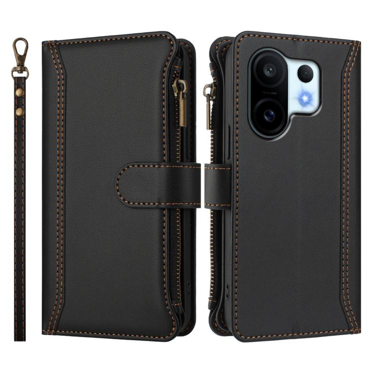 For vivo S30 Pro mini Magnetic Closure 9 Card Slots Zipper Leather Case with Hand Strap