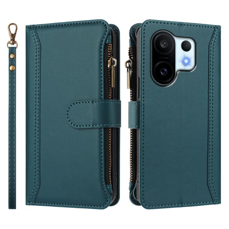 For vivo S30 Pro mini Magnetic Closure 9 Card Slots Zipper Leather Case with Hand Strap