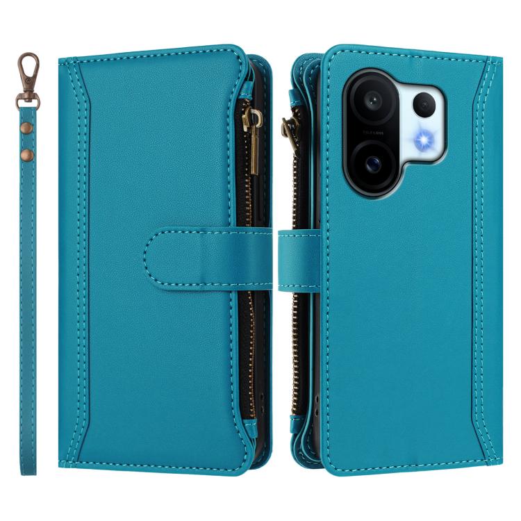 For vivo S30 Pro mini Magnetic Closure 9 Card Slots Zipper Leather Case with Hand Strap