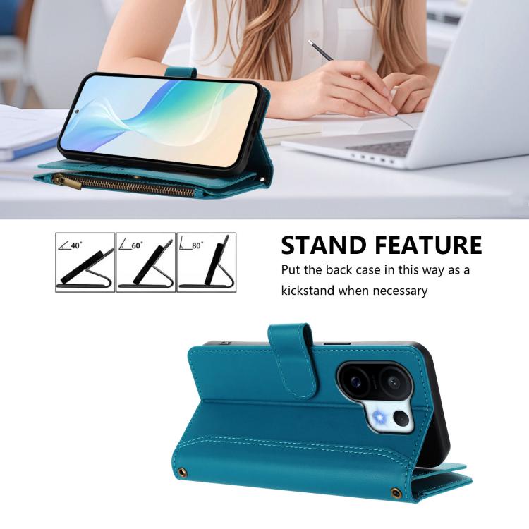 For vivo S30 Pro mini Magnetic Closure 9 Card Slots Zipper Leather Case with Hand Strap