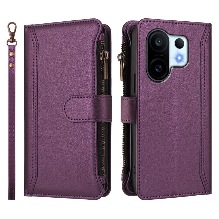For vivo S30 Pro mini Magnetic Closure 9 Card Slots Zipper Leather Case with Hand Strap