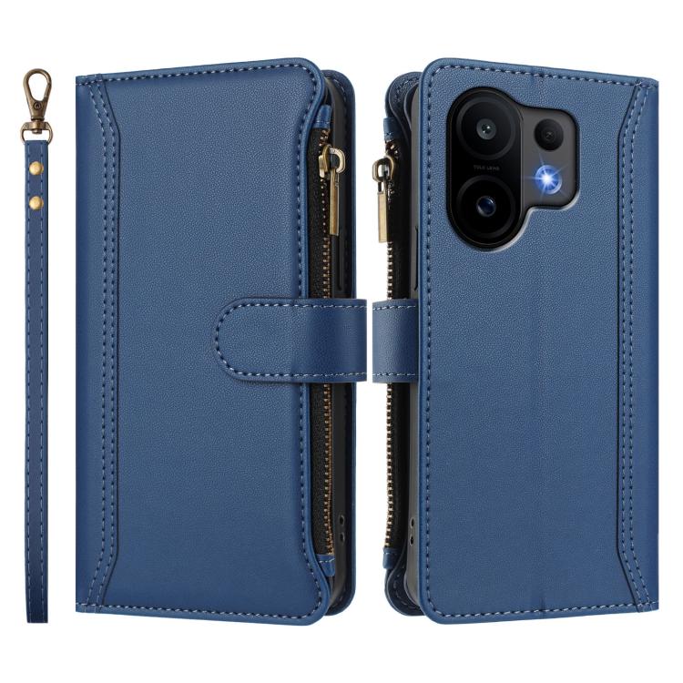 For vivo S30 Magnetic Closure 9 Card Slots Zipper Leather Case with Hand Strap