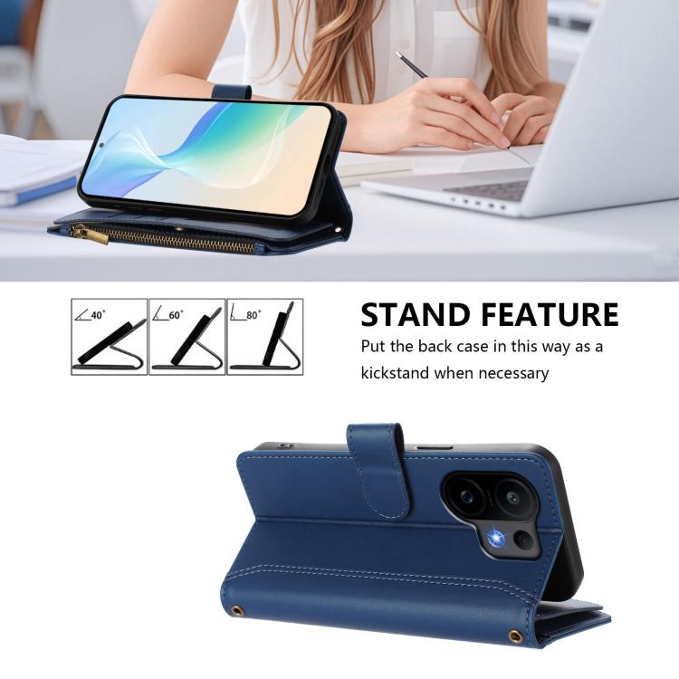 For vivo S30 Magnetic Closure 9 Card Slots Zipper Leather Case with Hand Strap