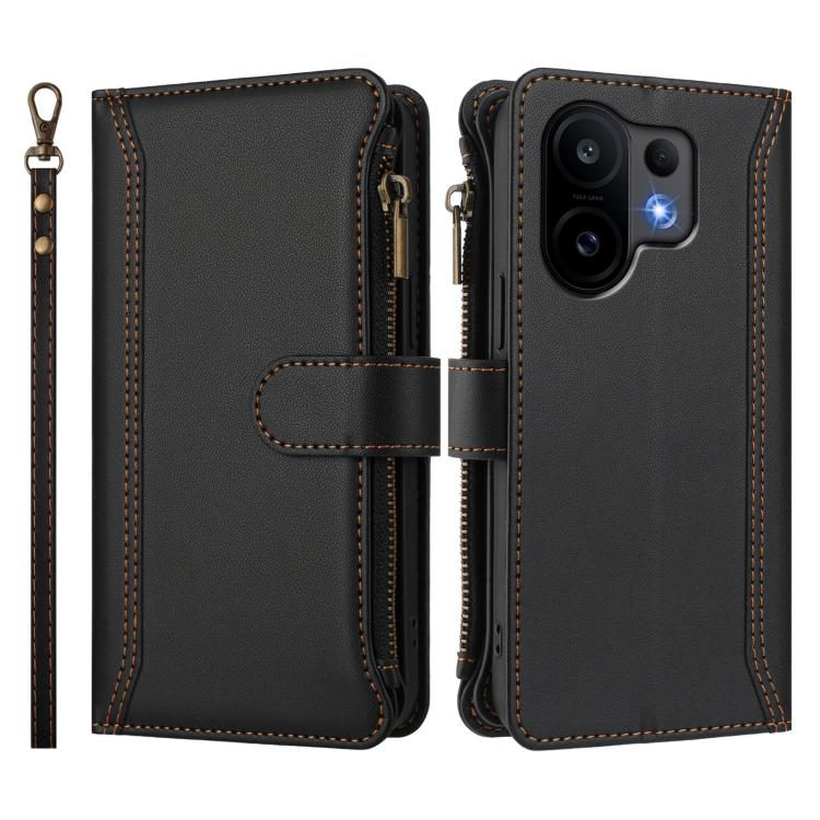 For vivo S30 Magnetic Closure 9 Card Slots Zipper Leather Case with Hand Strap