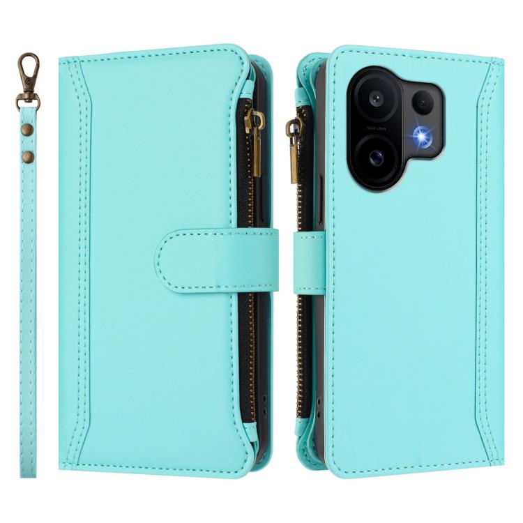 For vivo S30 Magnetic Closure 9 Card Slots Zipper Leather Case with Hand Strap