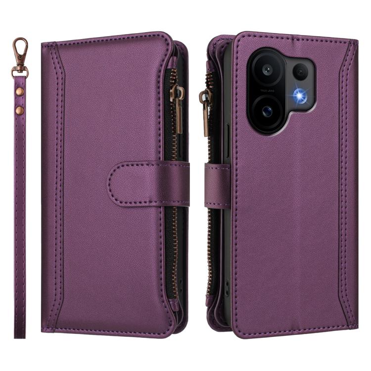 For vivo S30 Magnetic Closure 9 Card Slots Zipper Leather Case with Hand Strap