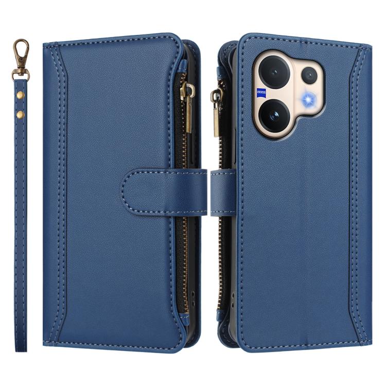 For vivo V60 5G Global Magnetic Closure 9 Card Slots Zipper Leather Case with Hand Strap
