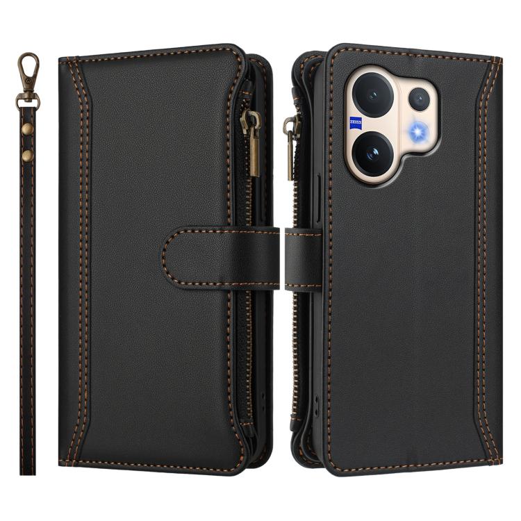 For vivo V60 5G Global Magnetic Closure 9 Card Slots Zipper Leather Case with Hand Strap